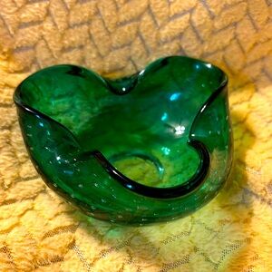 Vintage Green Murano Bubble Art Glass Ashtray Bowl Candy Dish